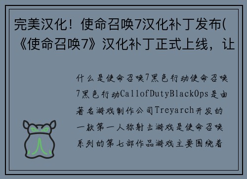 完美汉化！使命召唤7汉化补丁发布(《使命召唤7》汉化补丁正式上线，让你完整体验游戏！)